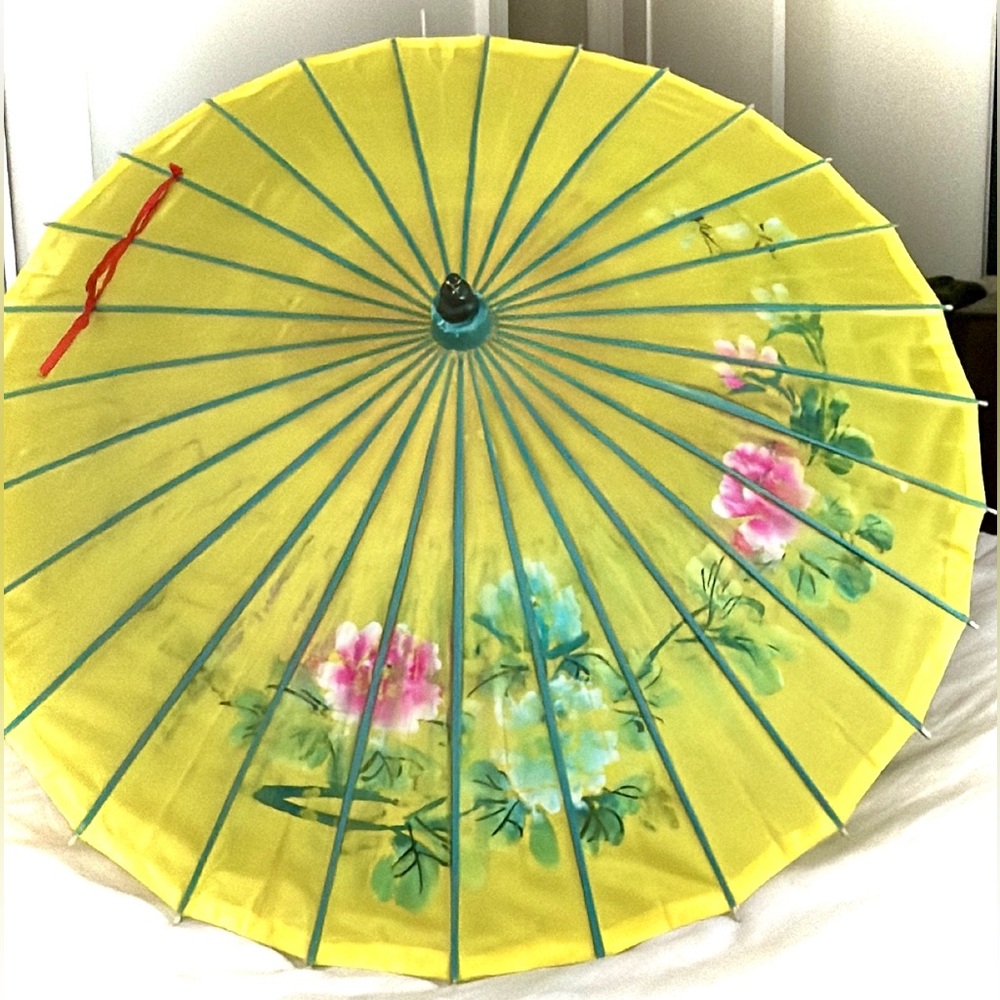 Vintage Oriental Bamboo Parasol - Aqua & Yellow covered in Rice Paper